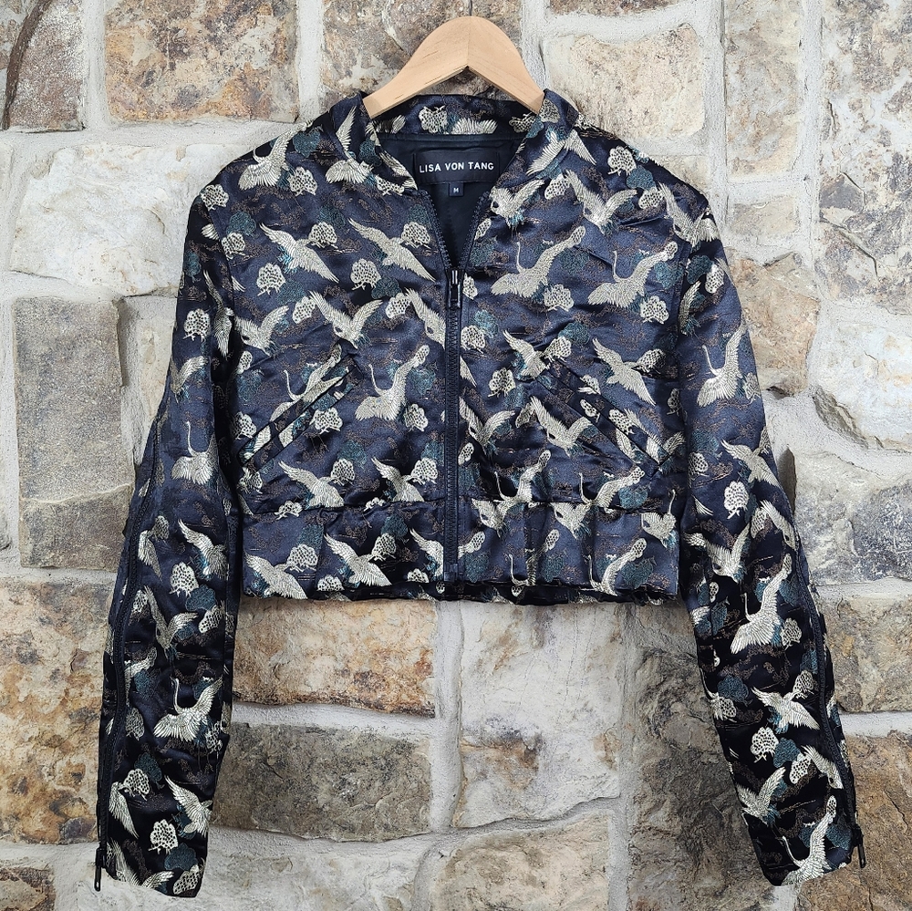 Lisa Von Tang Stork Crane Jacquard Brocade Cropped Jacket Coat - Picture 2 of 11